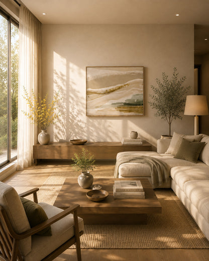 Ivory and sage abstract wall art styled in a warm contemporary living room