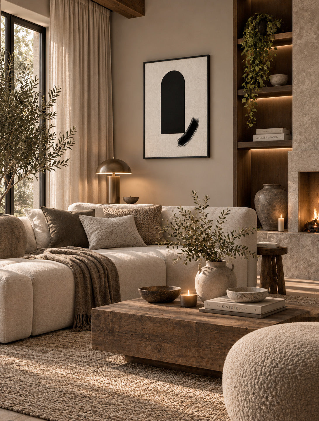 Japandi abstract wall art displayed in a warm minimalist living room