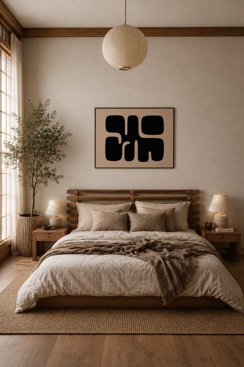 Minimalist black abstract wall art in a dark wood frame displayed above a warm Japandi style bed with neutral decor and paper pendant light.