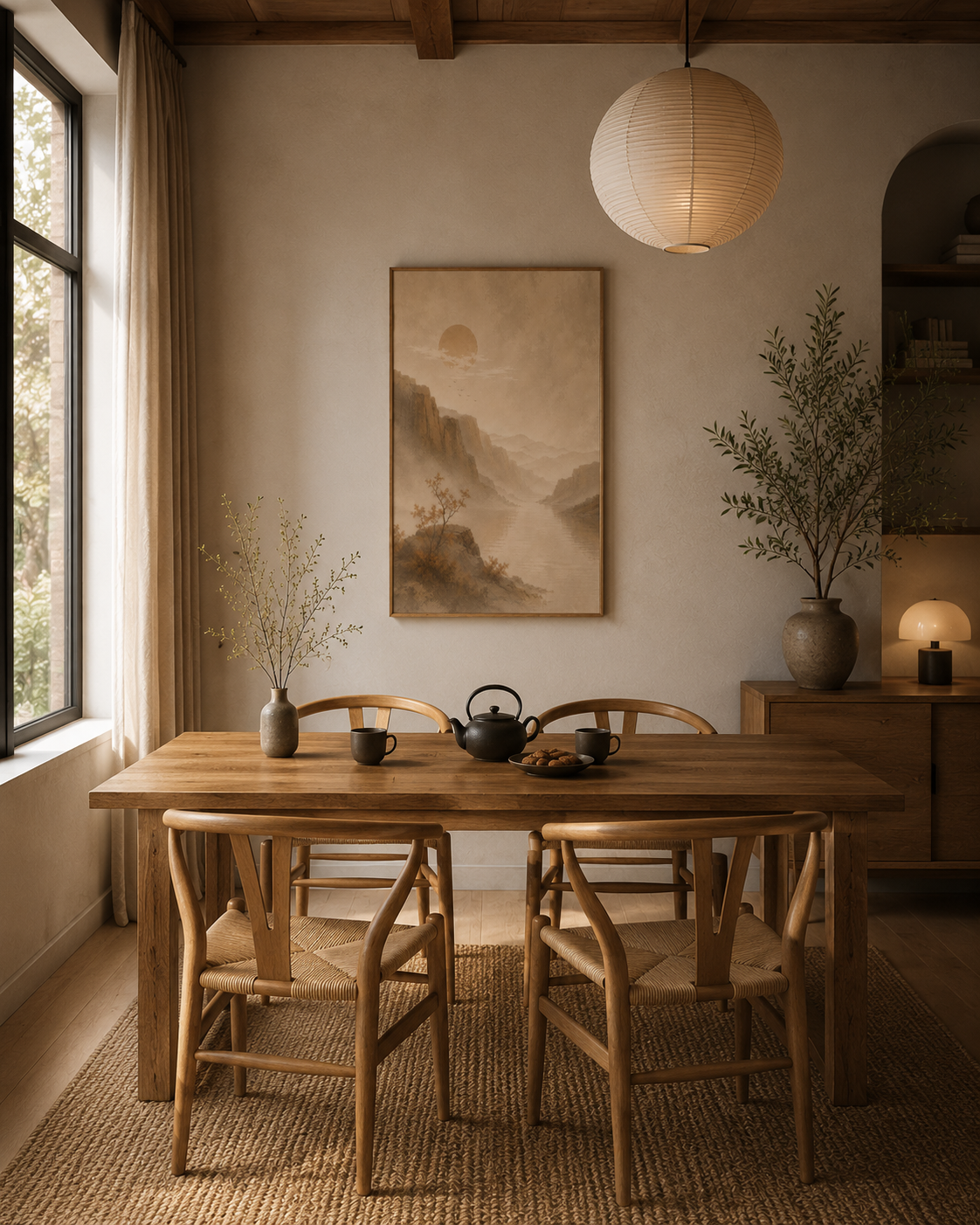 Japanese landscape wall art displayed above a wooden dining table with teapot and cups in a warm Japandi dining room.