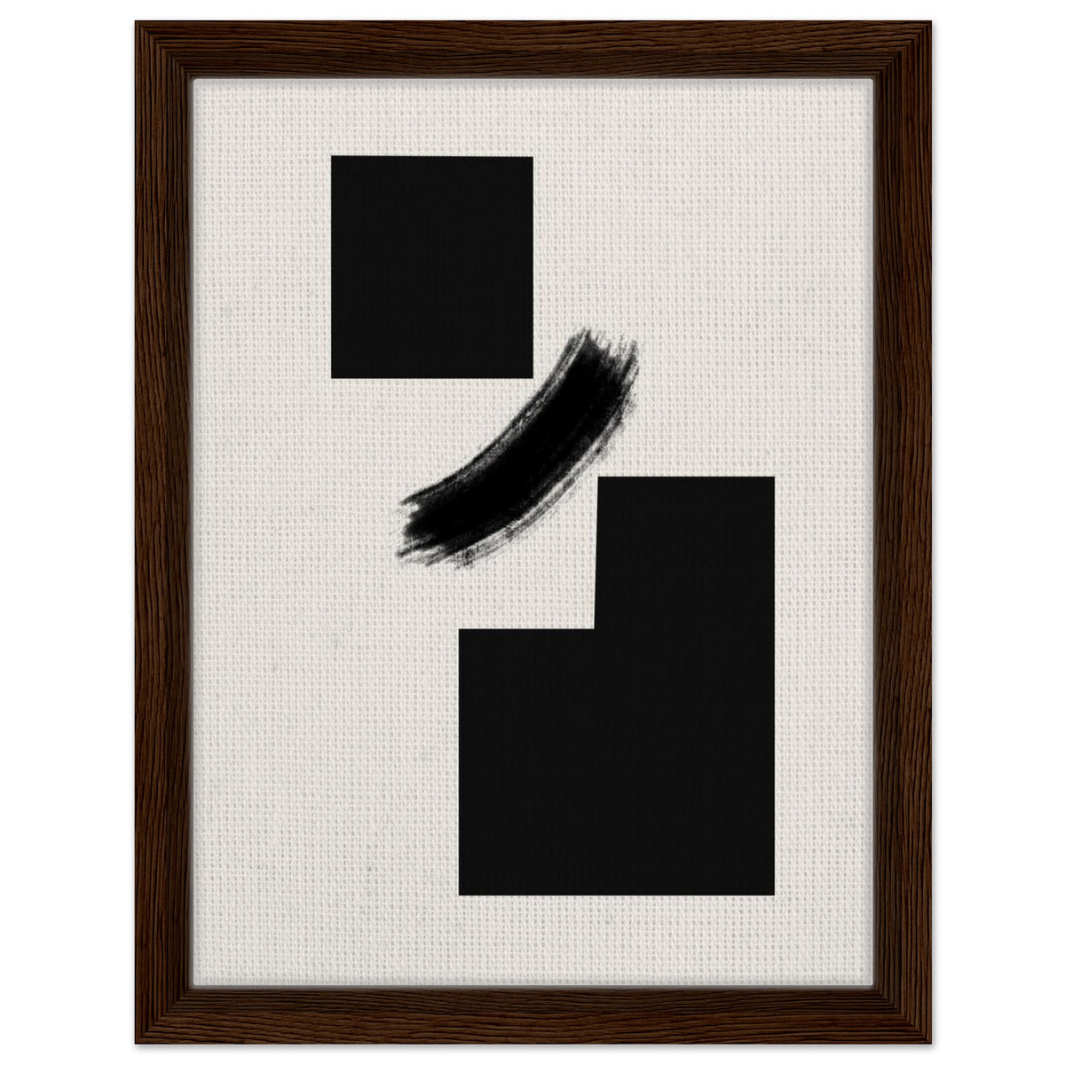 Japandi geometric artwork with black shapes and brushstroke in natural wood frame