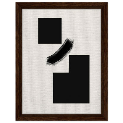 Japandi geometric artwork with black shapes and brushstroke in natural wood frame