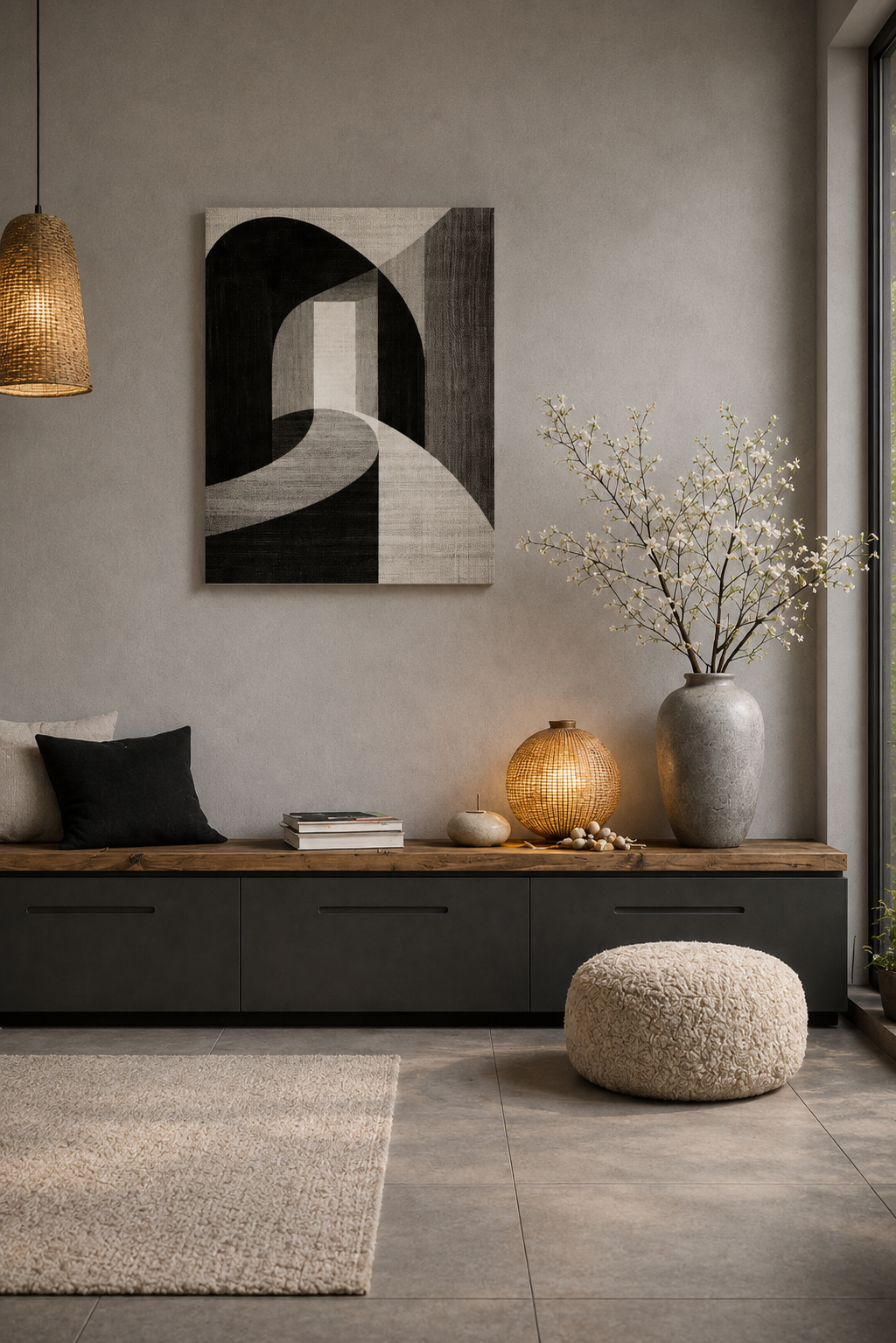 Geometric black abstract canvas wall art in a Japandi interior with neutral decor and soft lighting