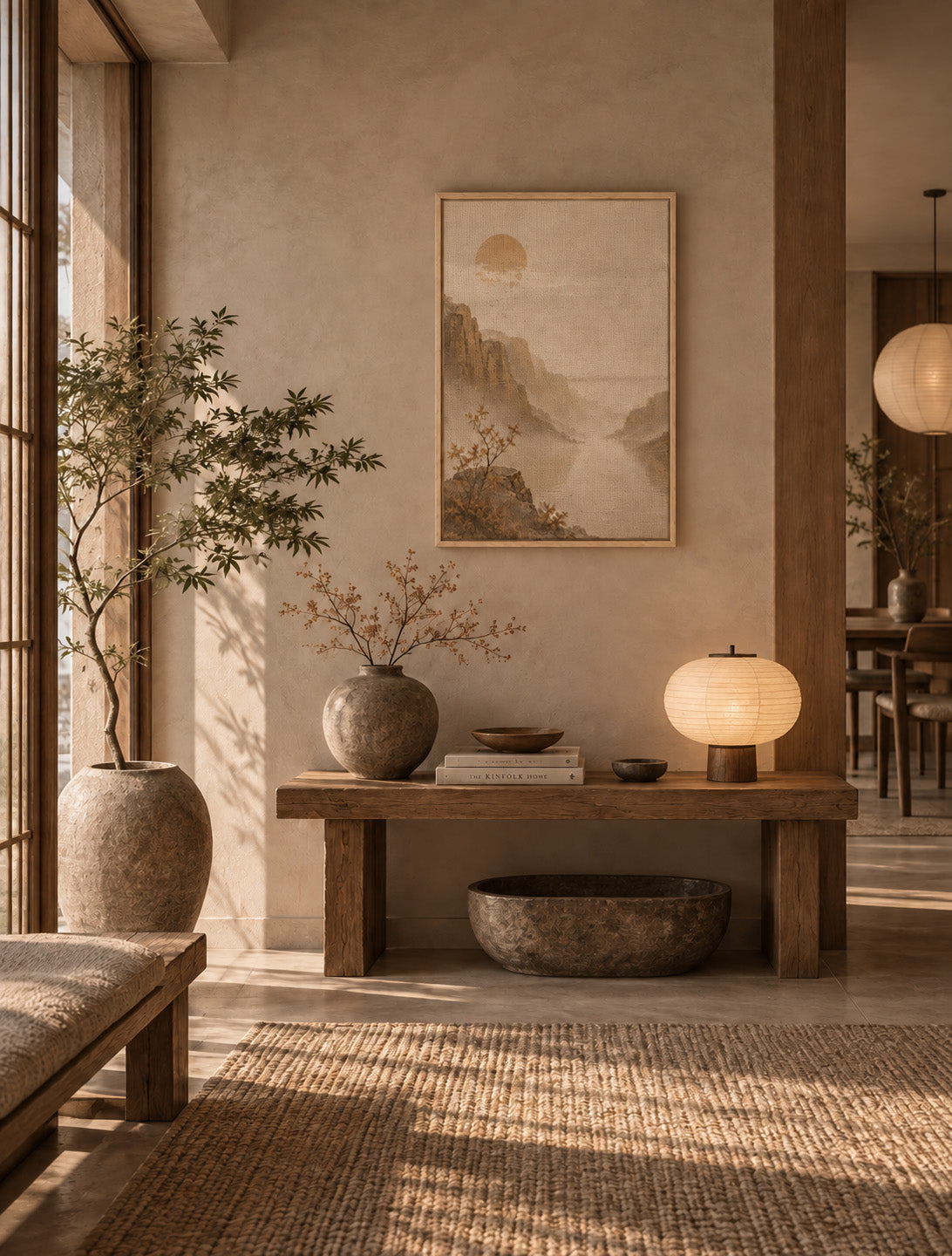 Japandi landscape wall art with misty mountains and soft sun displayed in an entryway