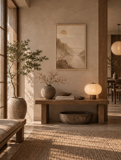 Japandi landscape wall art with misty mountains and soft sun displayed in an entryway