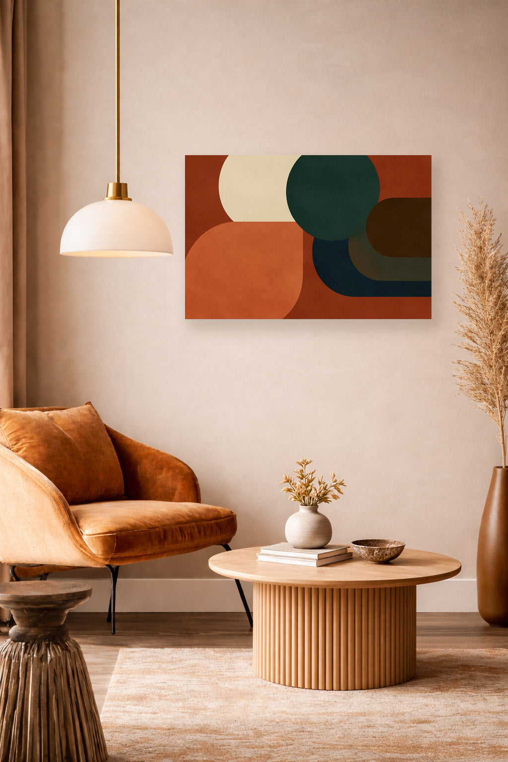 Warm abstract wall art poster in terracotta and green colors styled in a Japandi living room with wooden furniture and neutral decor.