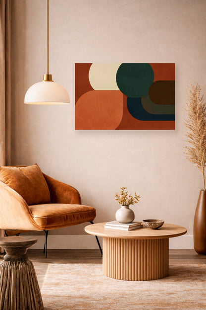 Warm abstract wall art poster in terracotta and green colors styled in a Japandi living room with wooden furniture and neutral decor.