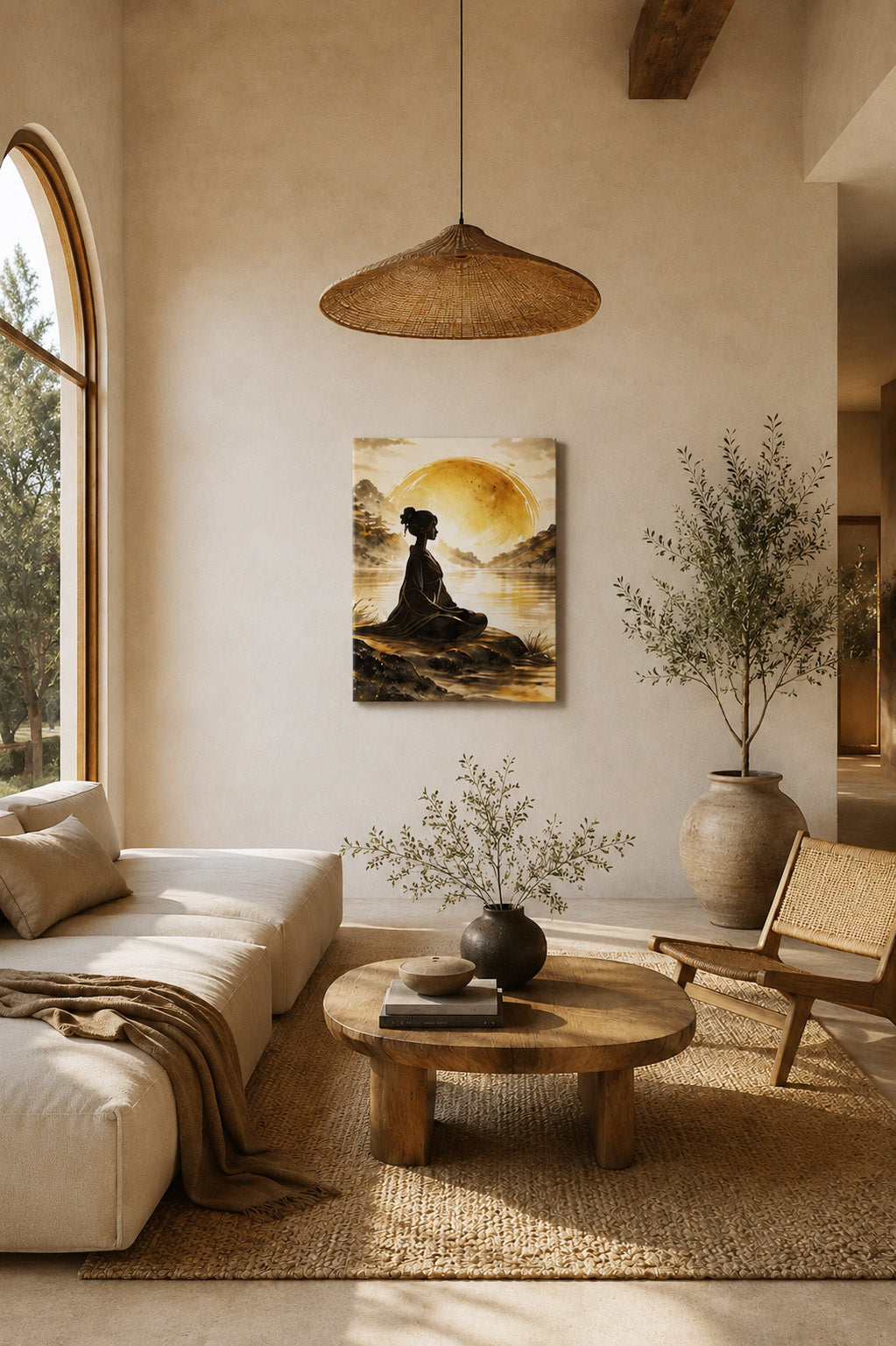 Meditation canvas wall art in a warm Japandi living room with curved sofa, wooden coffee table and neutral interior styling.