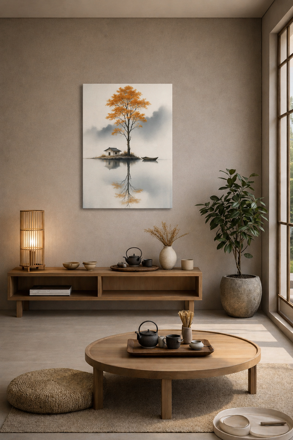 Autumn tree lake canvas wall art in calming meditation and yoga space