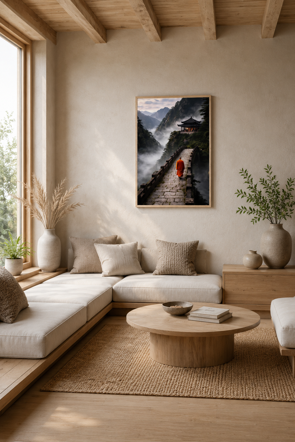 Light wood framed meditation poster showing a monk on a mountain bridge in a Japandi meditation room with floor cushions, candles and warm natural textures.