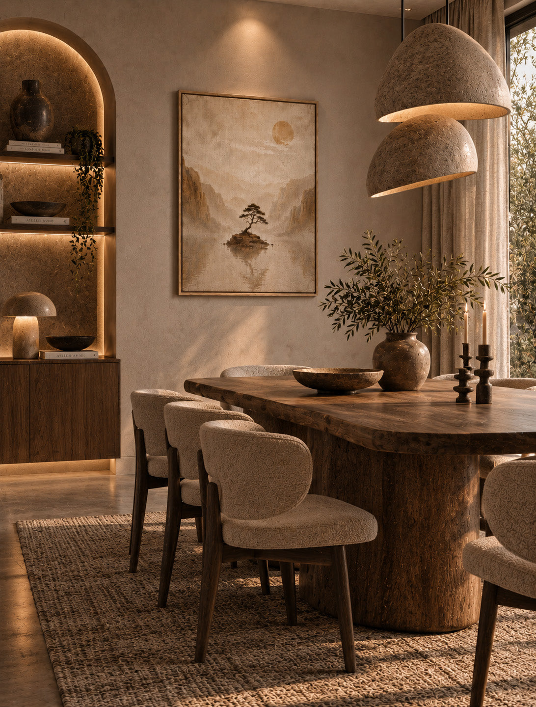 Japandi nature artwork with lone tree and misty mountains in a warm dining room