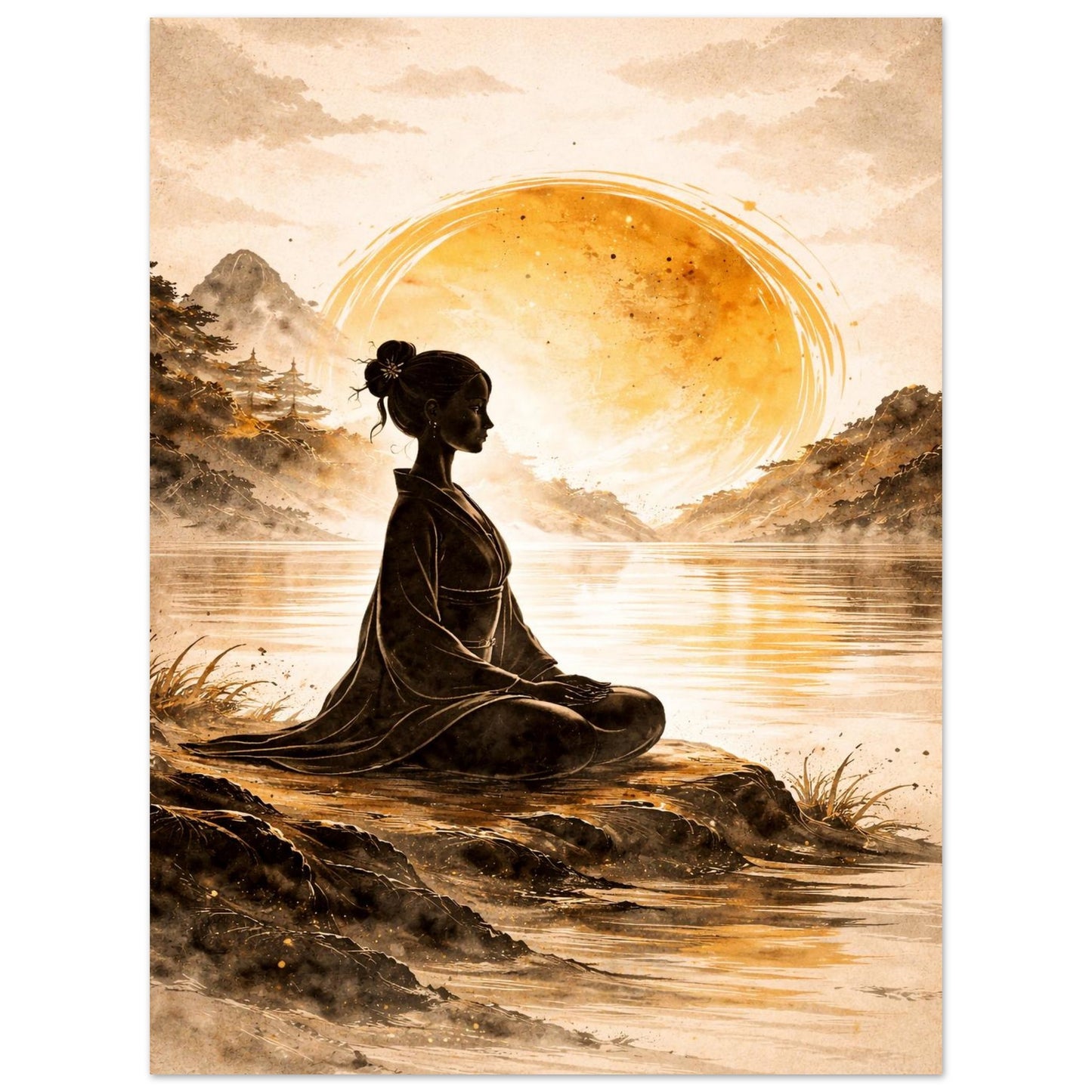 Japandi style wall art poster with peaceful nature scene and golden sunset, modern minimalist decor