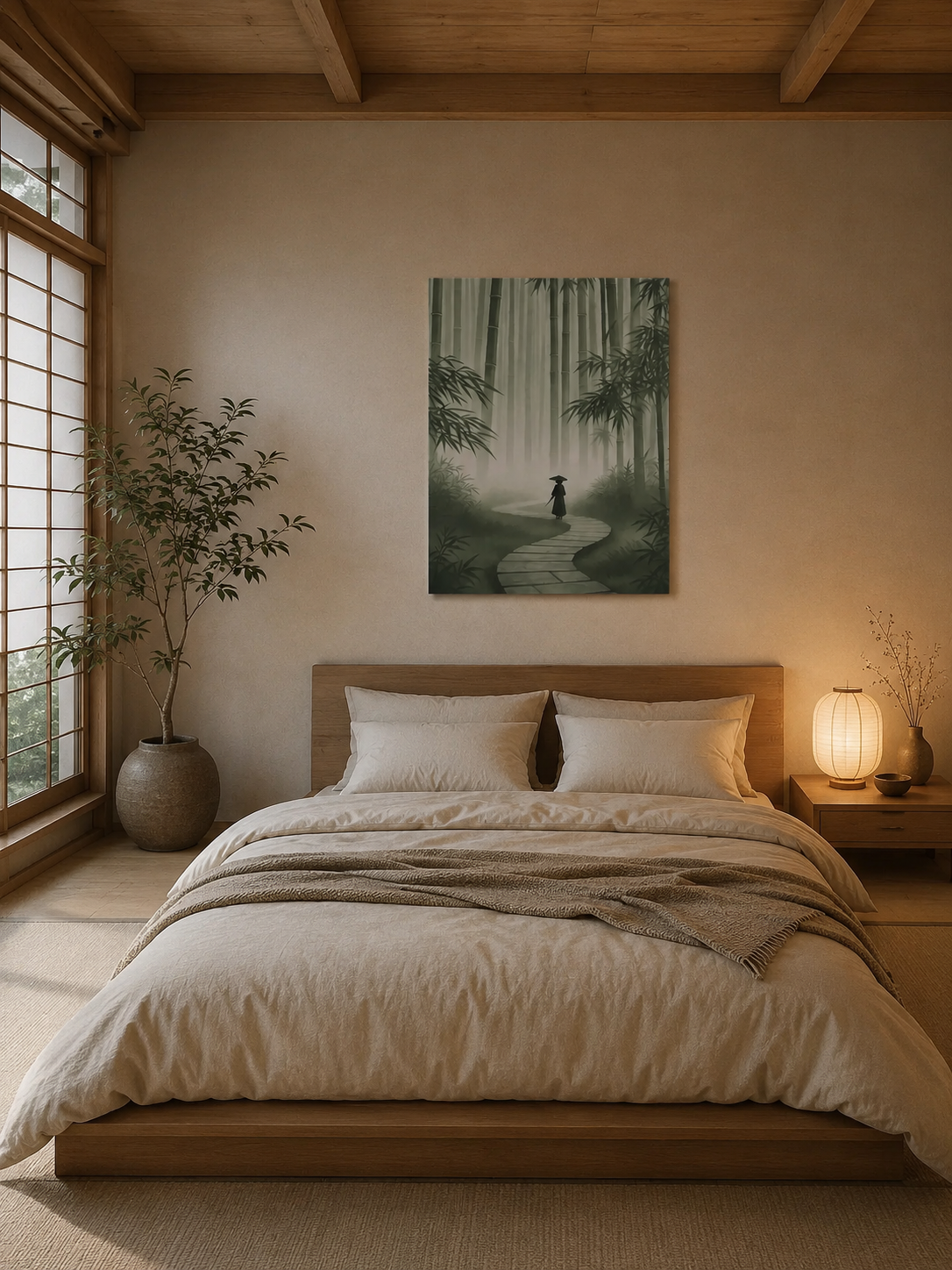 Japanese bedroom with neutral bedding and bamboo forest canvas wall art above the bed