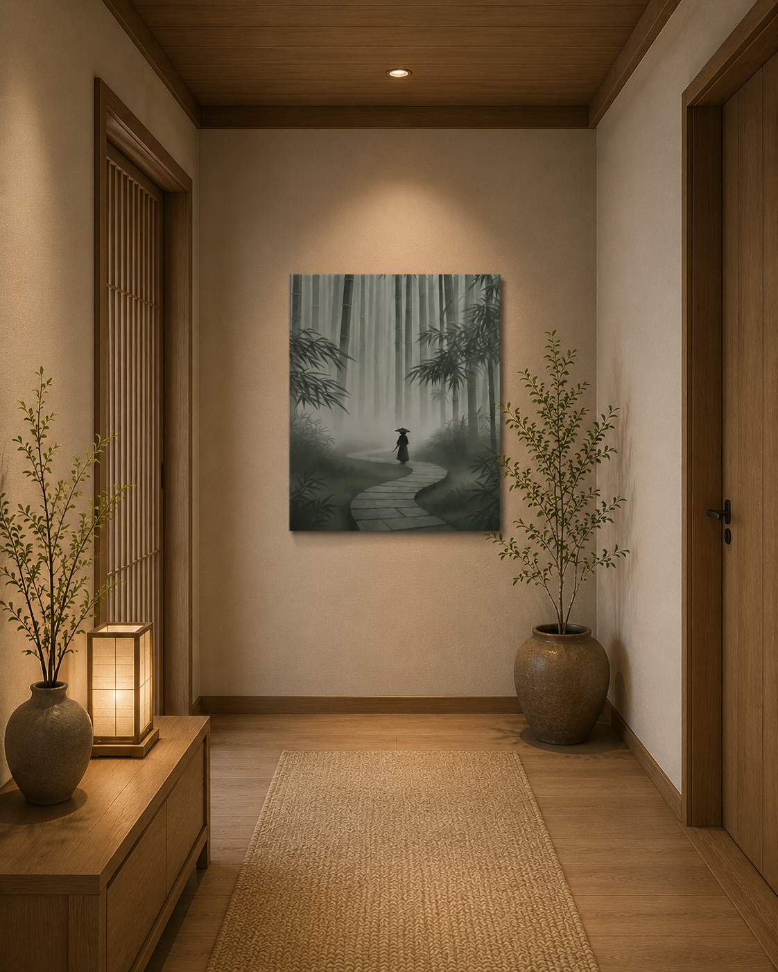 Minimal Japanese hallway interior with warm lighting and bamboo forest canvas artwork
