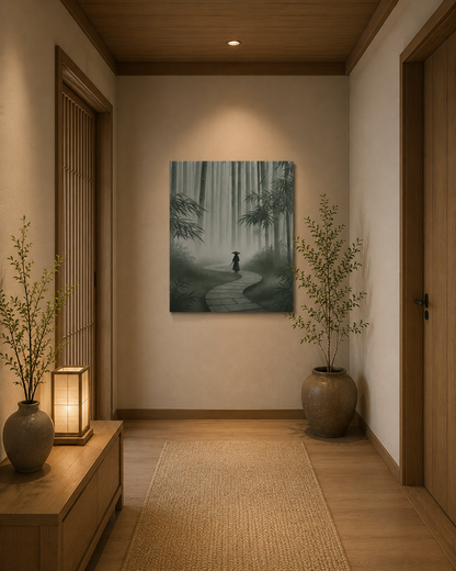 Minimal Japanese hallway interior with warm lighting and bamboo forest canvas artwork