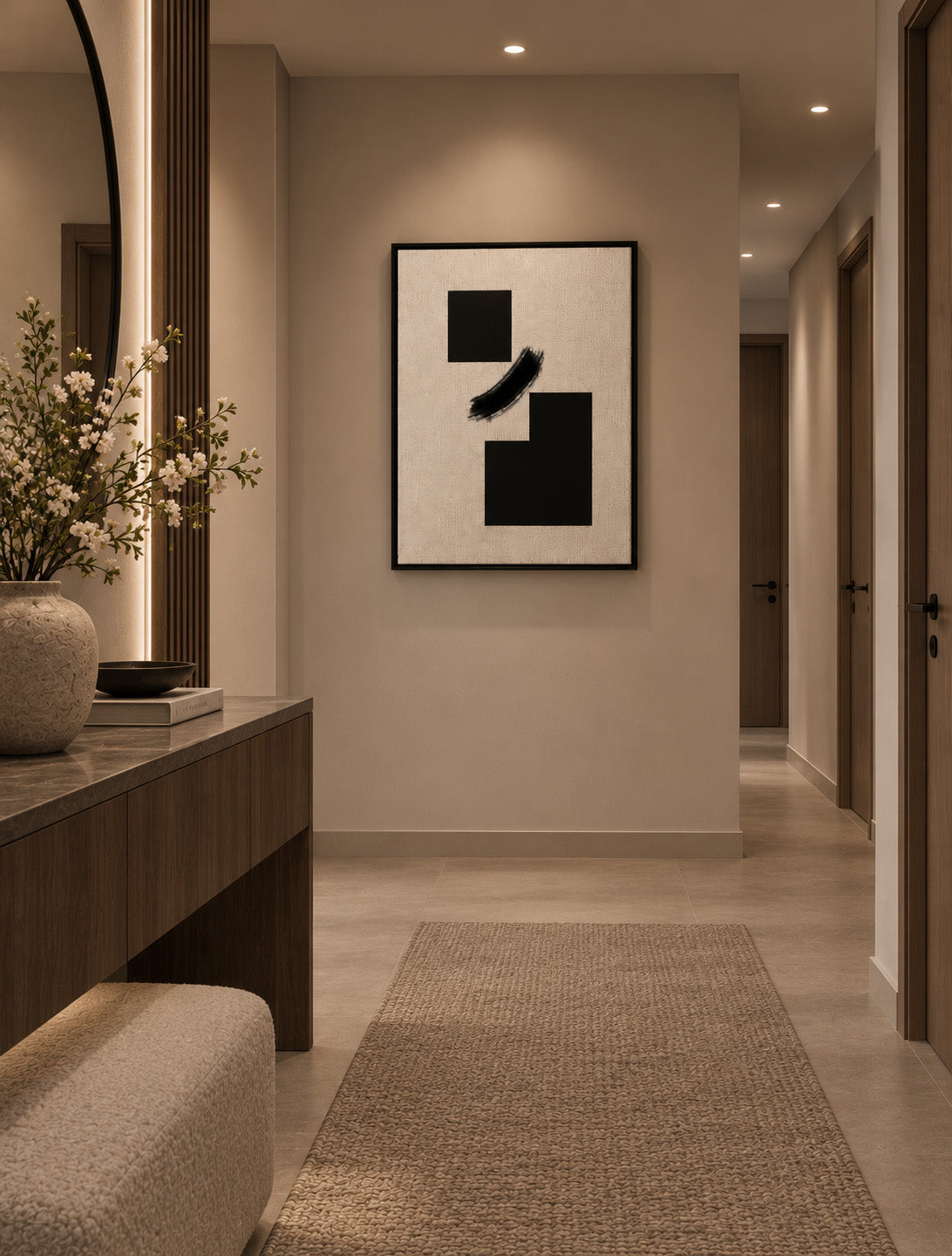 Japanese inspired abstract artwork with black forms displayed in a modern hallway