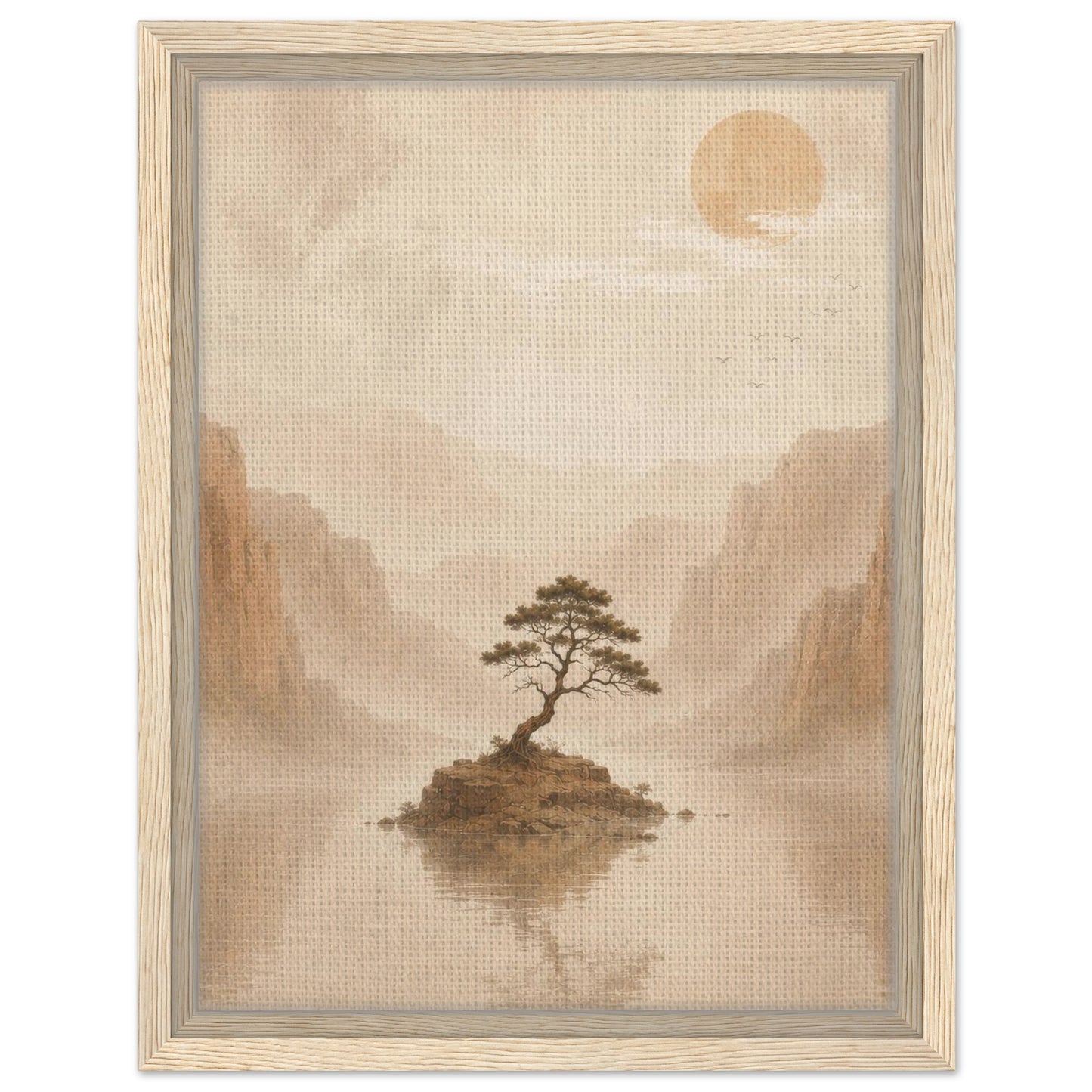 Japanese inspired landscape artwork with solitary tree and misty mountains in natural wood frame