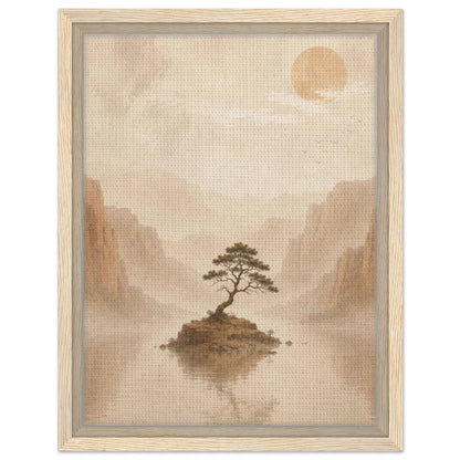 Japanese inspired landscape artwork with solitary tree and misty mountains in natural wood frame