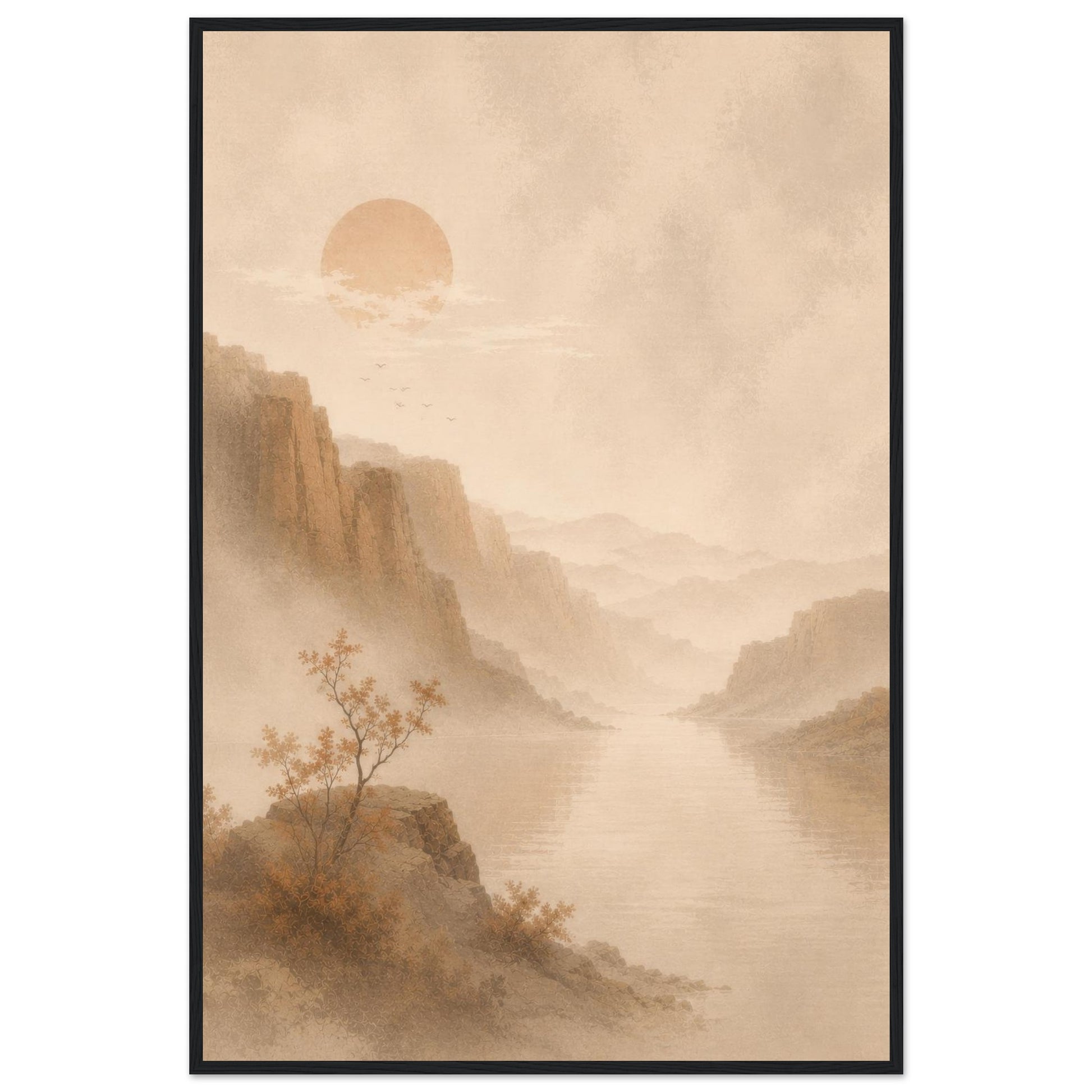 Japanese-inspired landscape wall art displayed in a modern black frame.