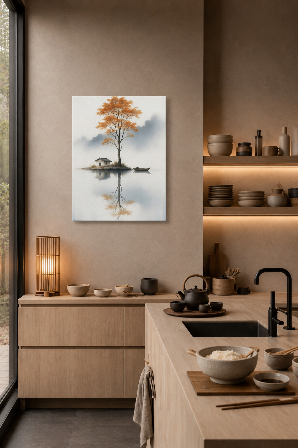 Autumn tree lake canvas artwork in Japandi kitchen interior with natural wood finishes