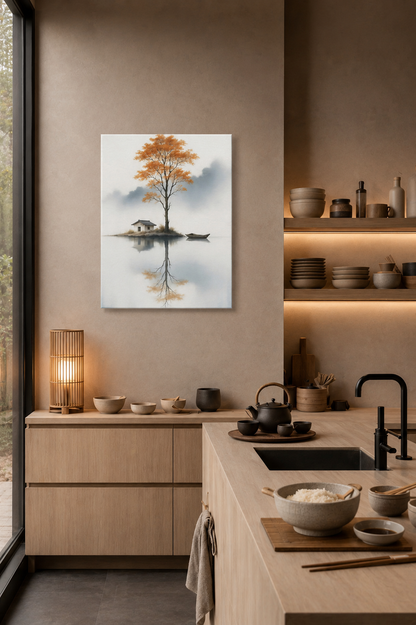 Autumn tree lake canvas artwork in Japandi kitchen interior with natural wood finishes