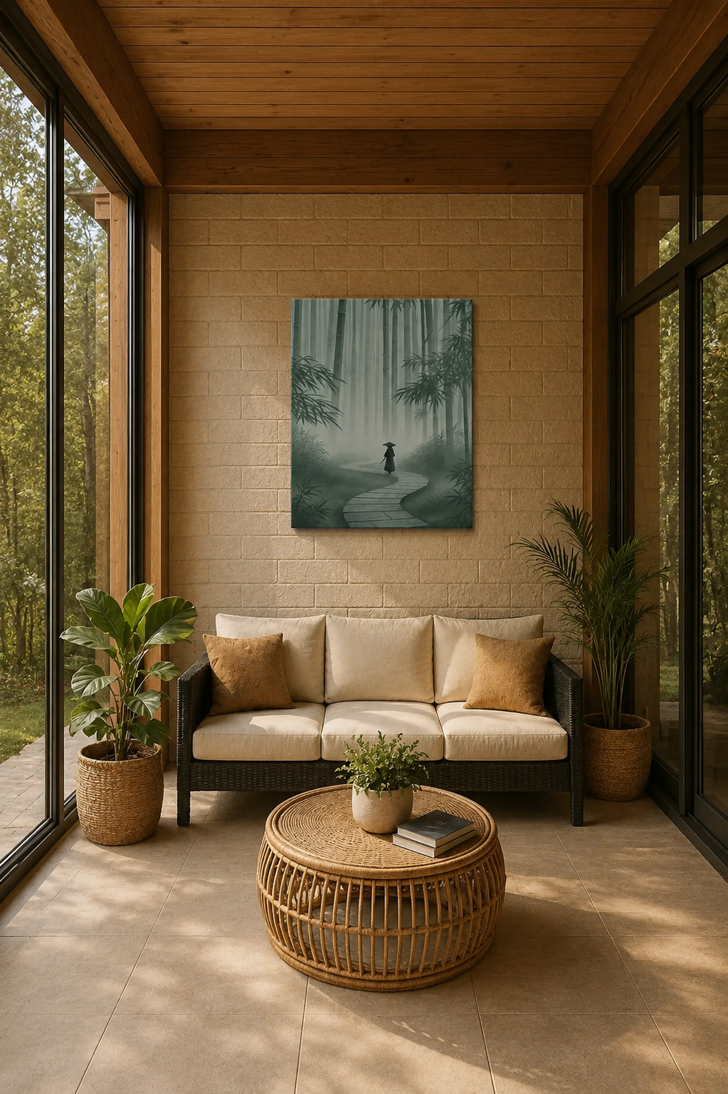 Japanese style sunroom with natural light, rattan coffee table and bamboo forest canvas wall decor