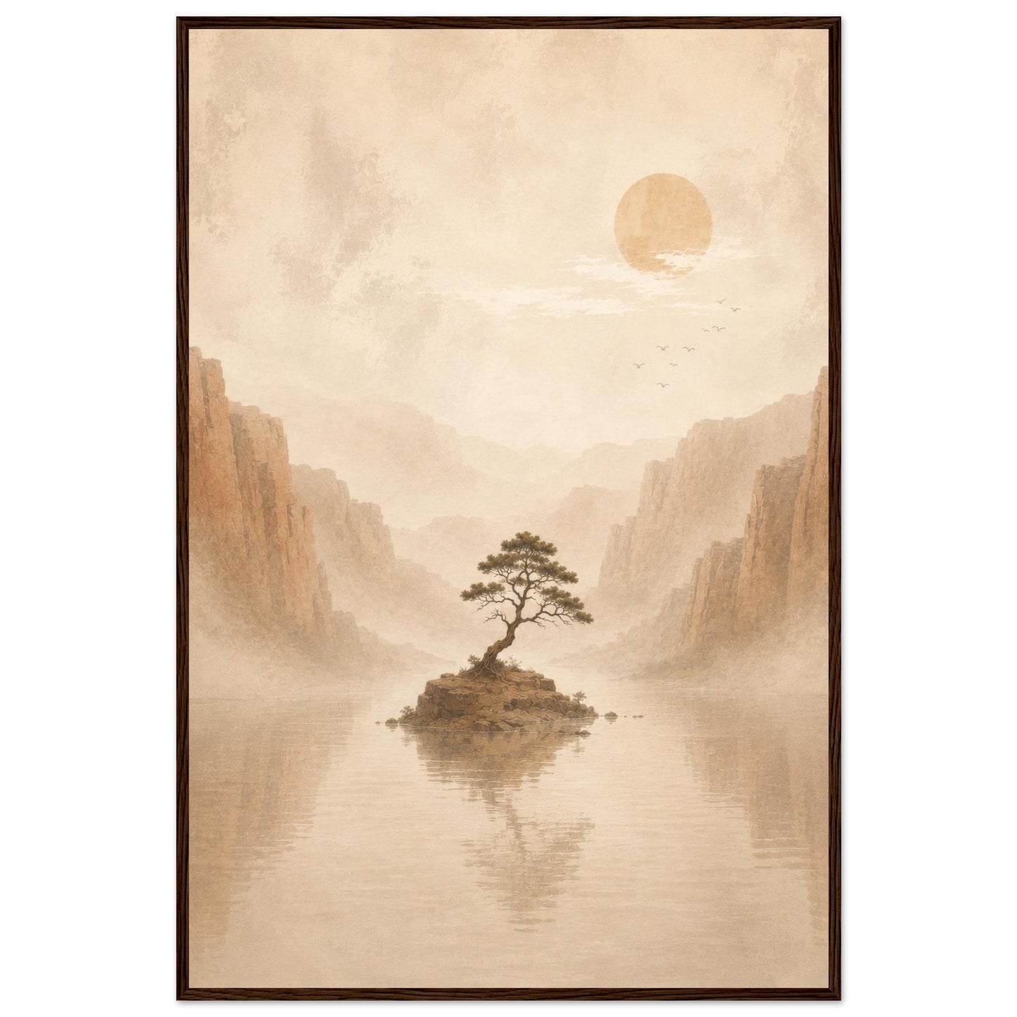 Japanese-inspired landscape wall art displayed in a modern black frame.
