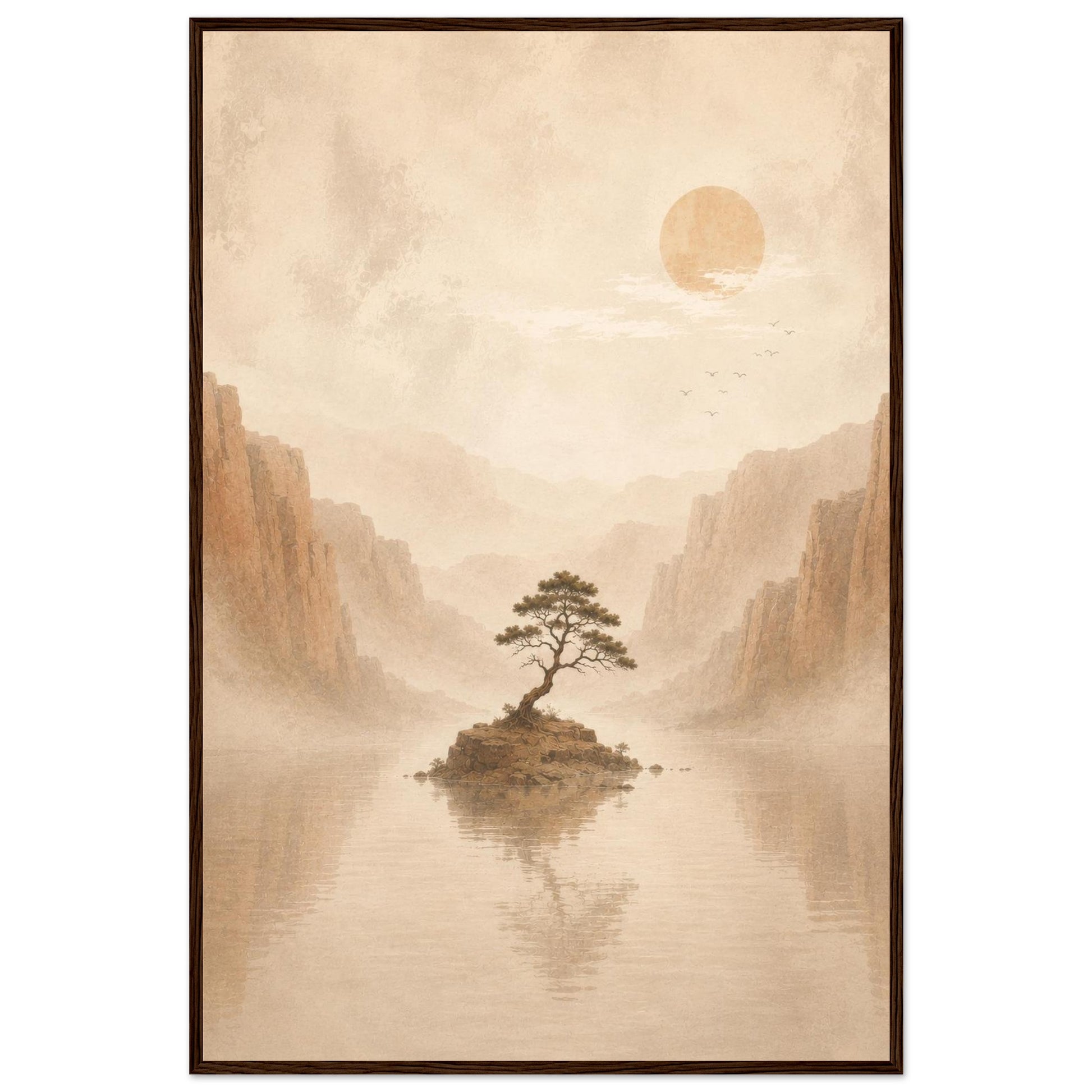 Japanese-inspired landscape wall art displayed in a modern black frame.