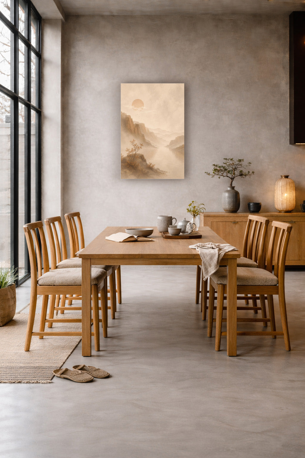Japanese landscape wall art displayed in a modern dining room with wooden furniture and warm neutral decor.