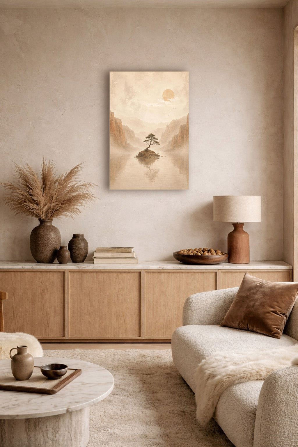 Minimalist Japanese landscape wall art displayed above a wooden console in a modern beige living room.