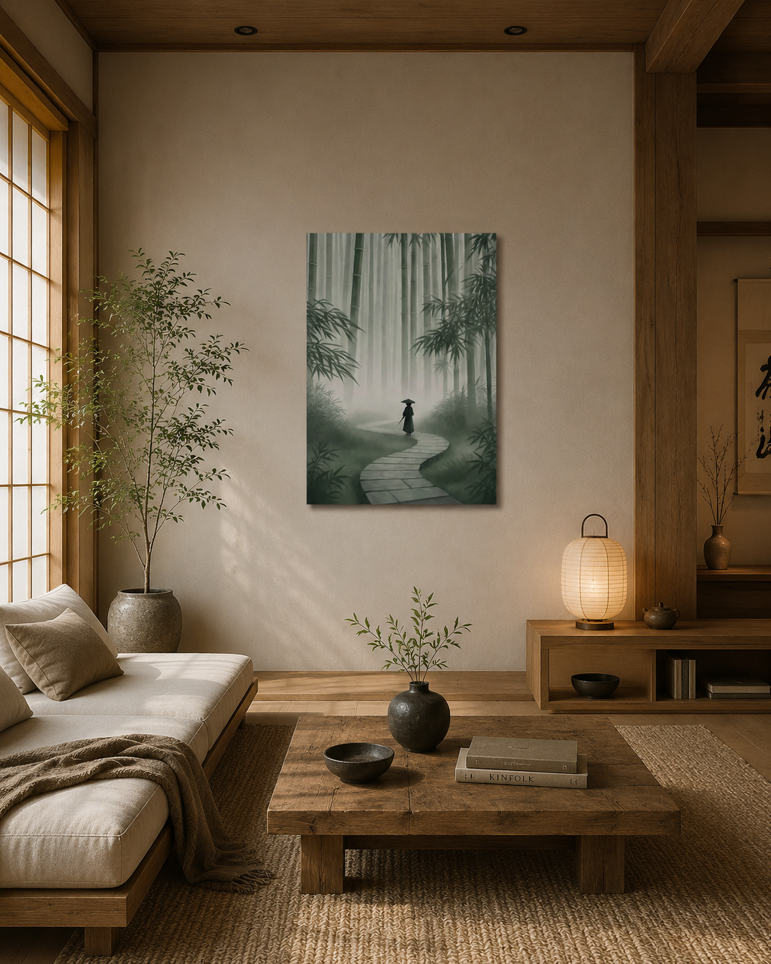 Japanese zen living room interior with minimalist wood furniture and bamboo forest canvas wall art in a warm neutral space