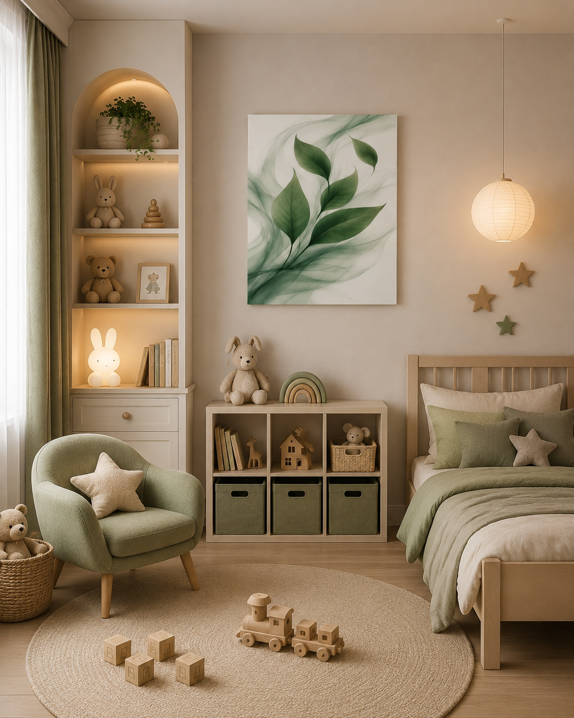 Scandinavian children’s room with green botanical leaf canvas wall art, soft green accents and natural wood furniture.