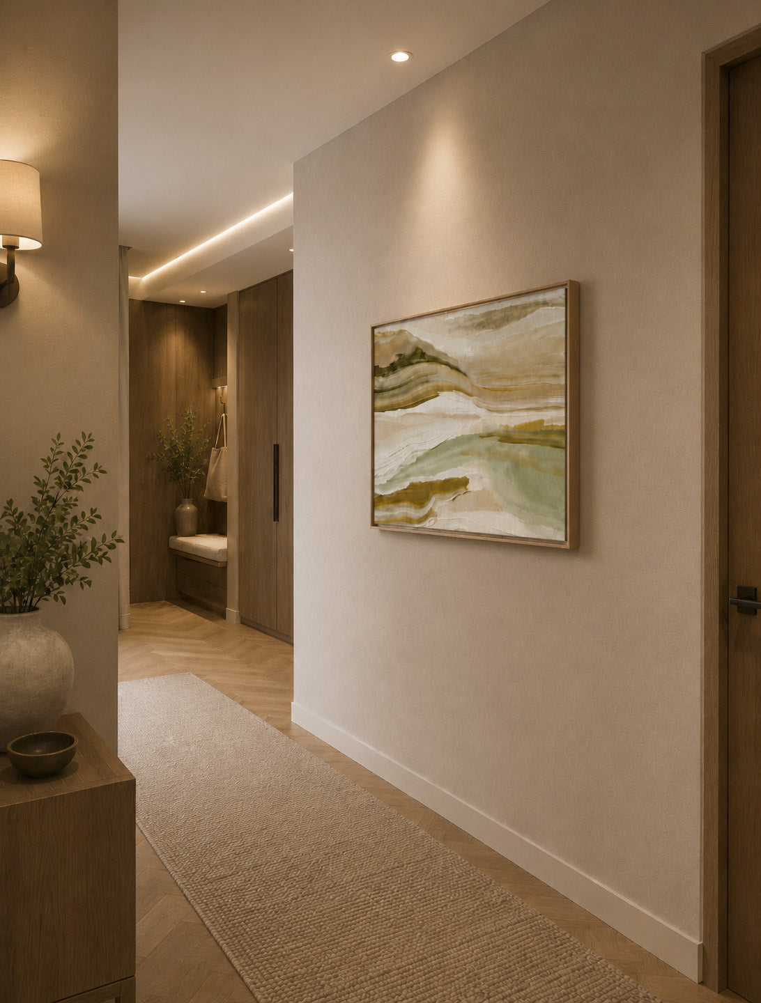 Landscape inspired abstract artwork displayed in a modern minimalist hallway