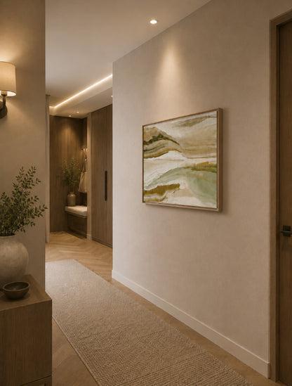 Landscape inspired abstract artwork displayed in a modern minimalist hallway