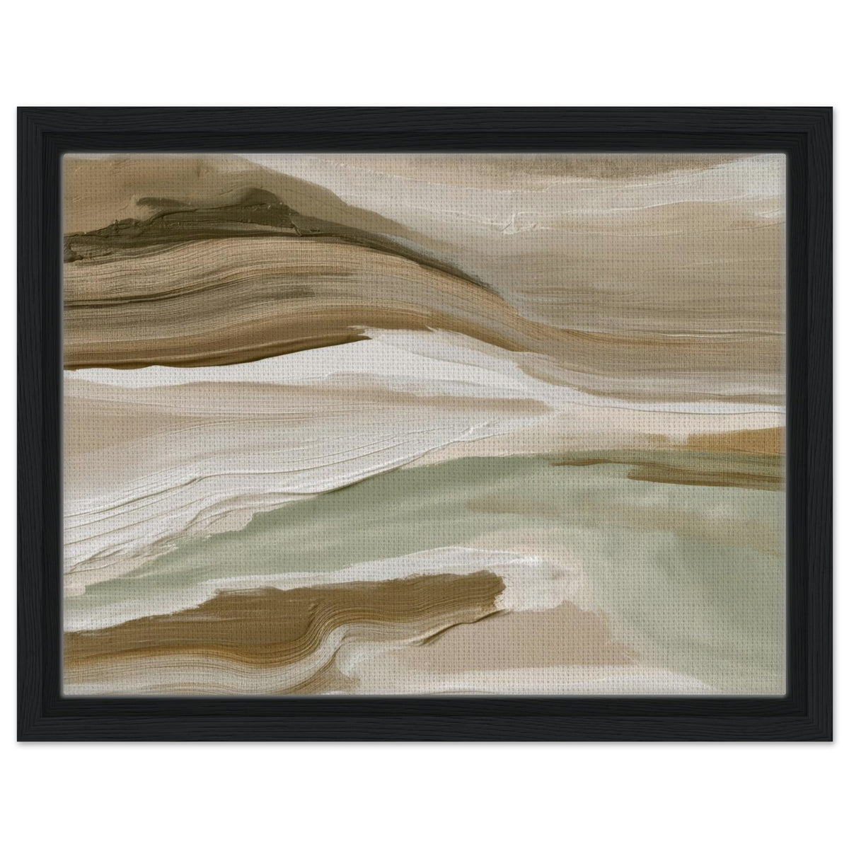 Layered abstract landscape print in earthy green and beige with dark wood frame
