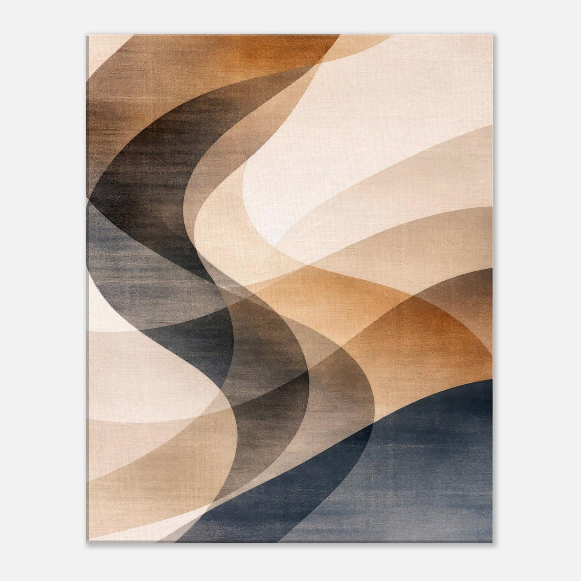 Layered Motion abstract canvas wall art with flowing sand, charcoal and caramel curves
