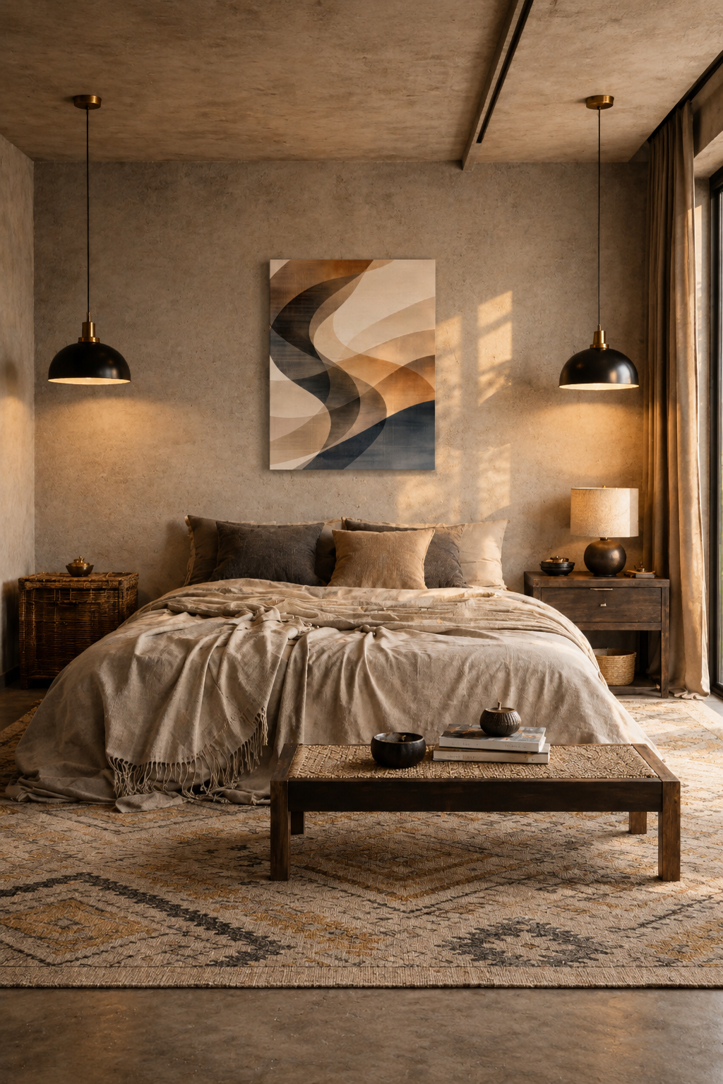 Cozy modern bedroom with warm neutral tones and abstract canvas wall art above the bed