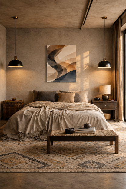 Cozy modern bedroom with warm neutral tones and abstract canvas wall art above the bed