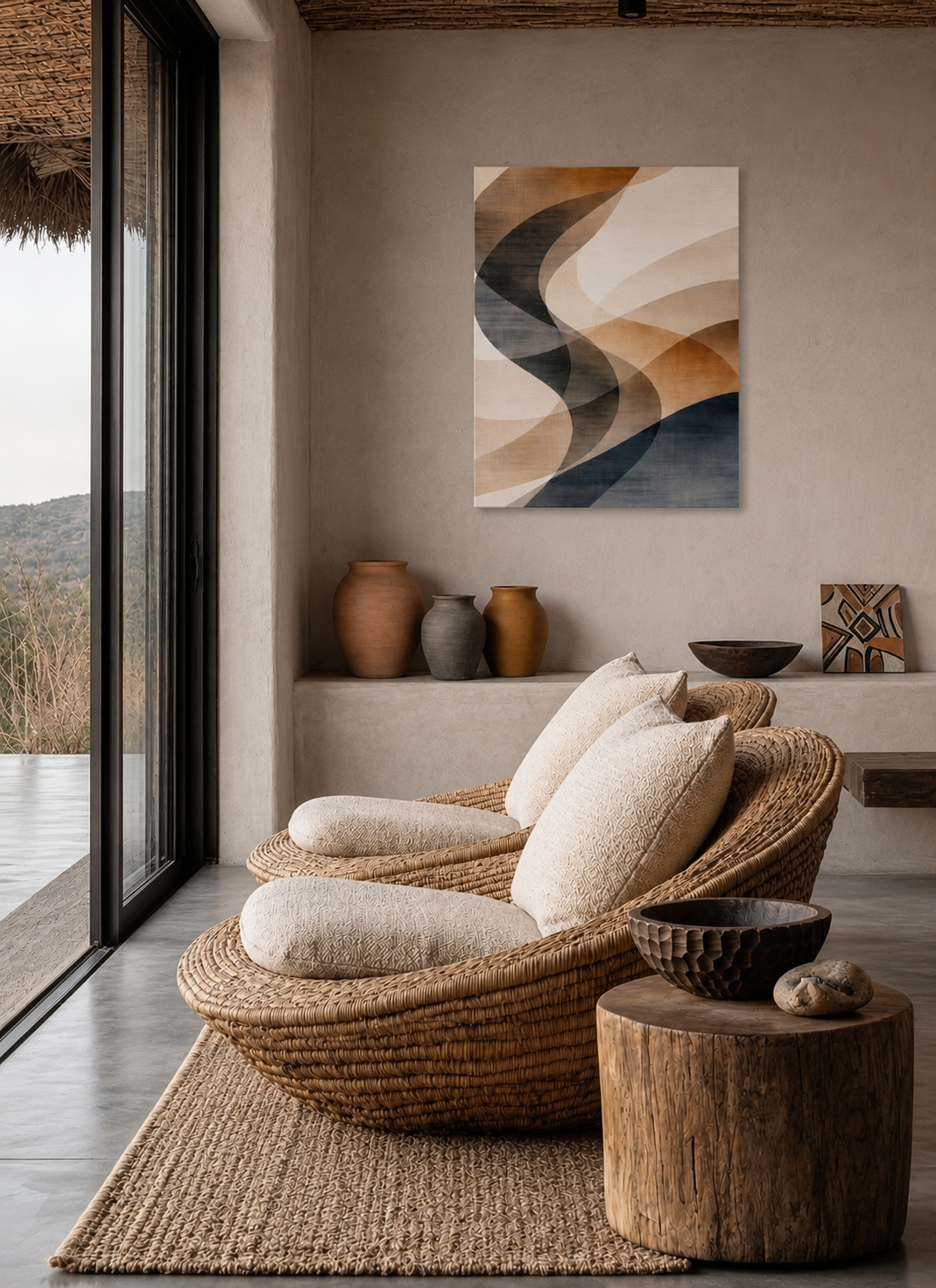 Warm boho lounge with woven chairs, earthy decor and abstract canvas wall art