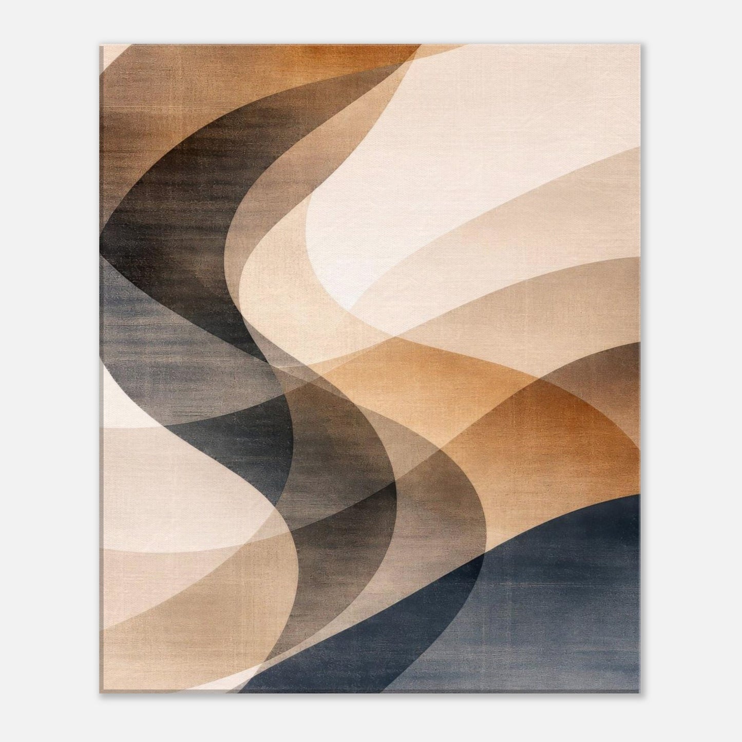 Close view of the canvas surface showing layered curves in ivory, taupe and deep charcoal