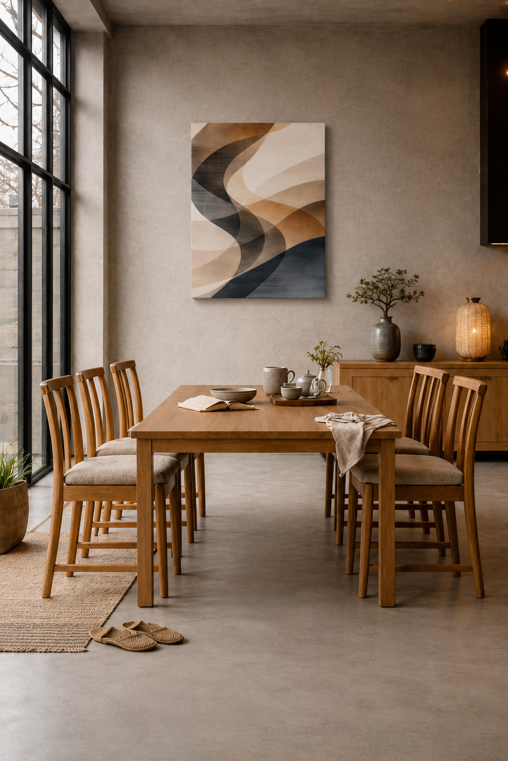 Modern dining room with wooden table and abstract canvas wall art in neutral decor