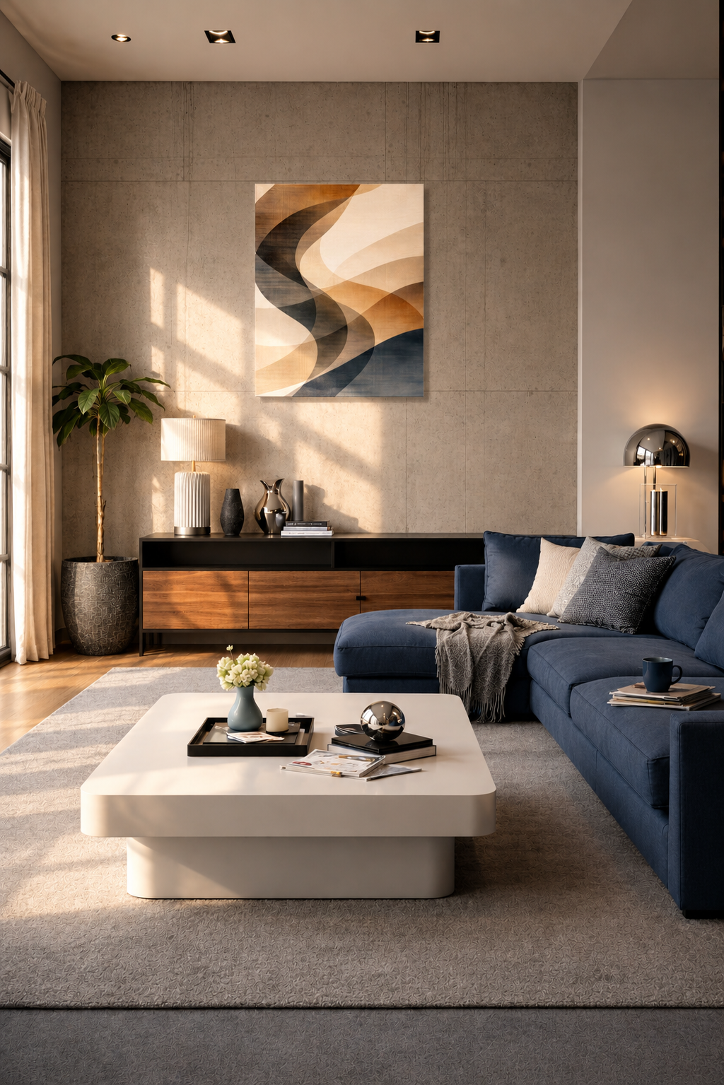 Contemporary living room with blue sofa, concrete wall and abstract canvas wall art