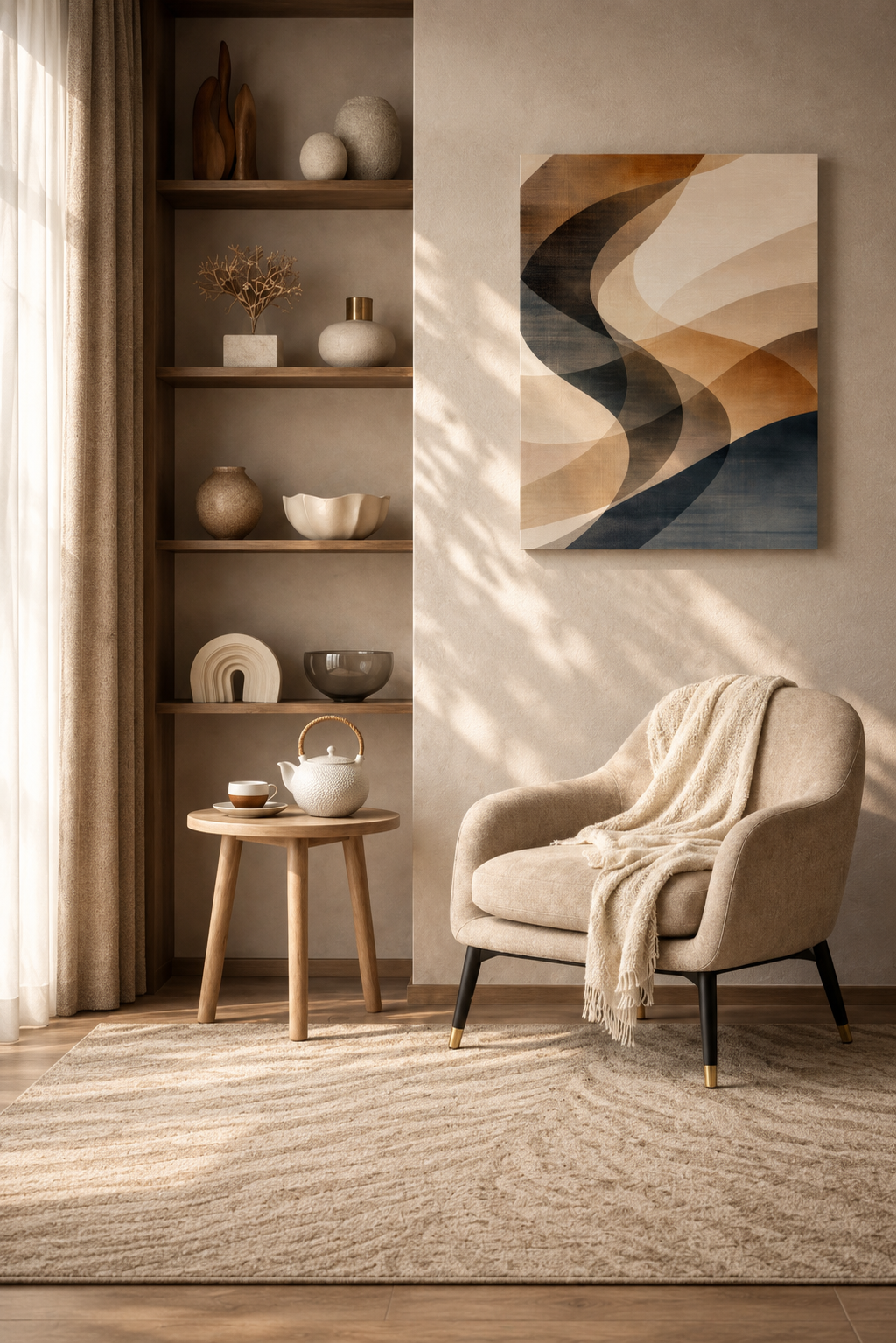 Cozy reading corner with neutral armchair, shelving and abstract canvas wall art