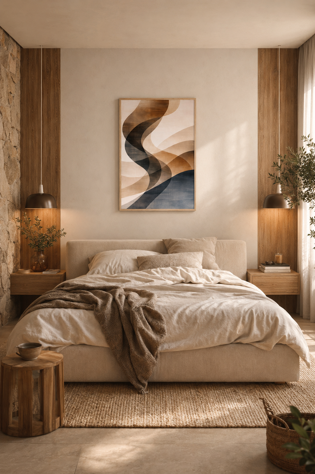 Realistic cozy bedroom with abstract wall art in light wood frame above bed in warm minimalist interior