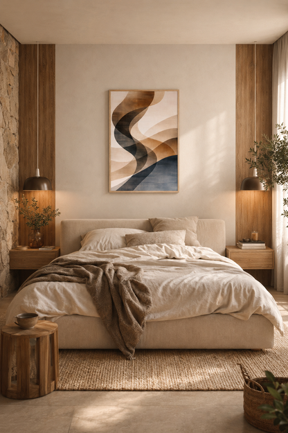 Realistic cozy bedroom with abstract wall art in light wood frame above bed in warm minimalist interior