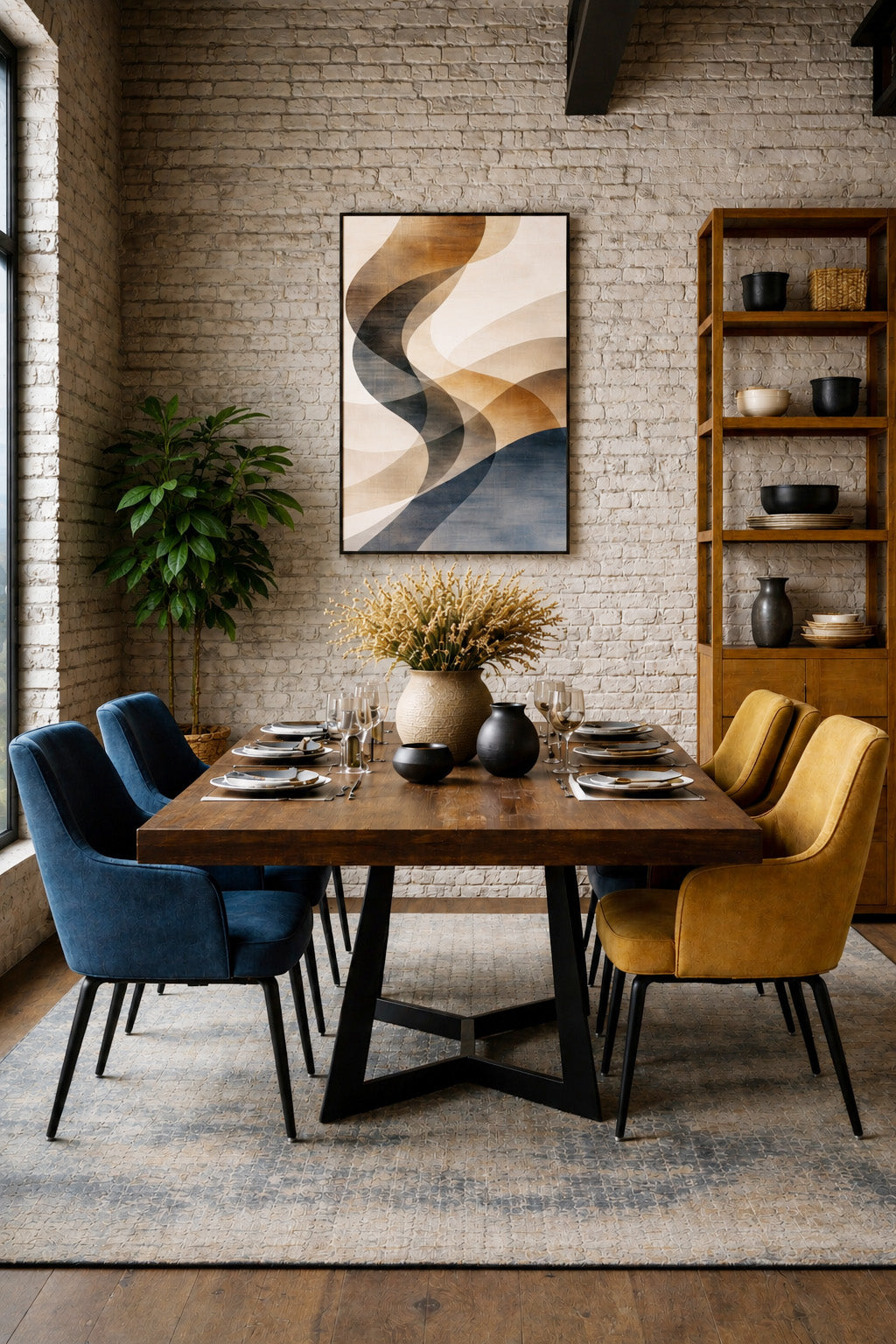 Industrial dining room with black framed abstract wall art, wooden table and colorful upholstered chairs