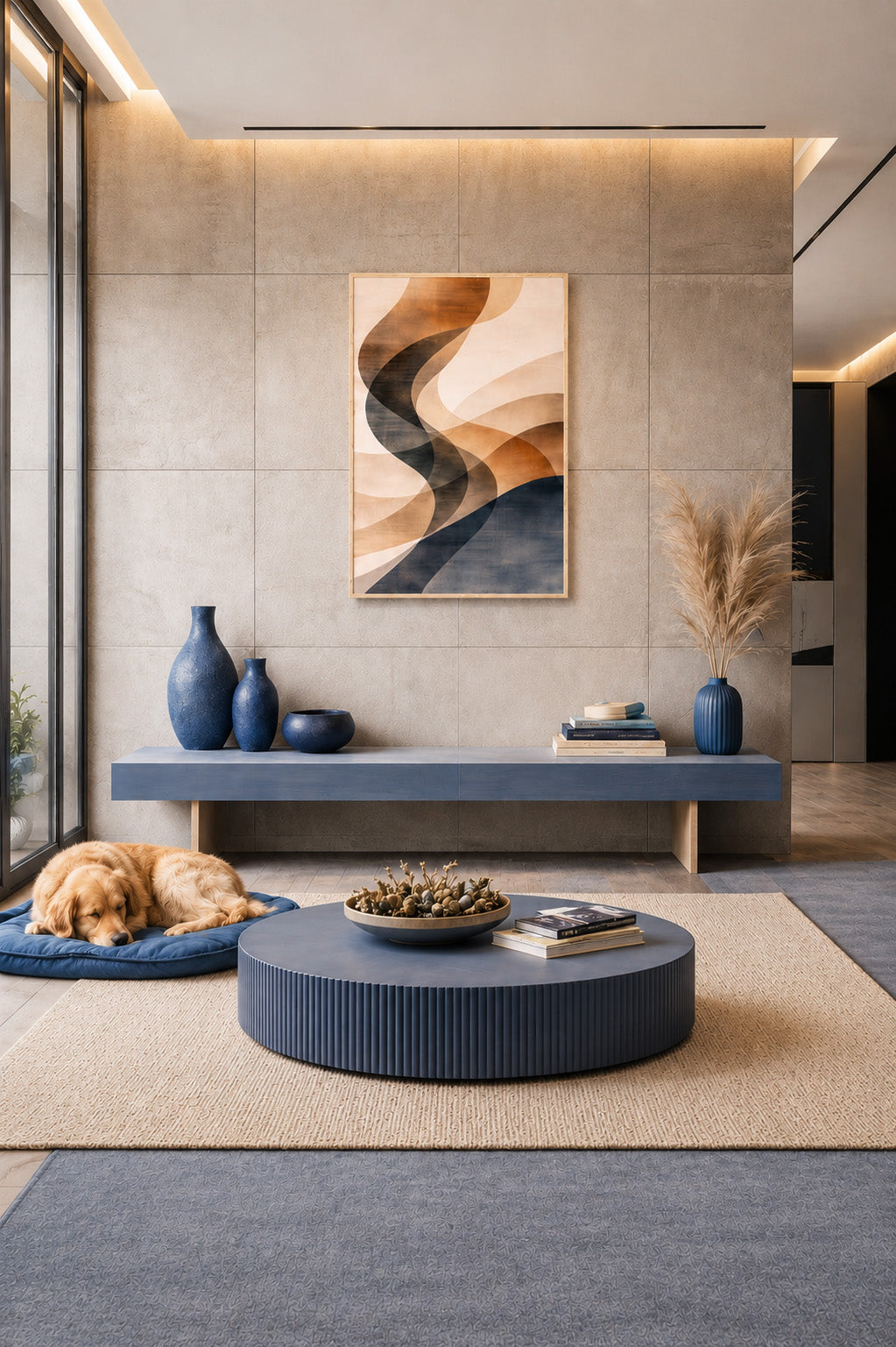 Modern living room with blue accents and framed abstract print on a textured wall in neutral decor