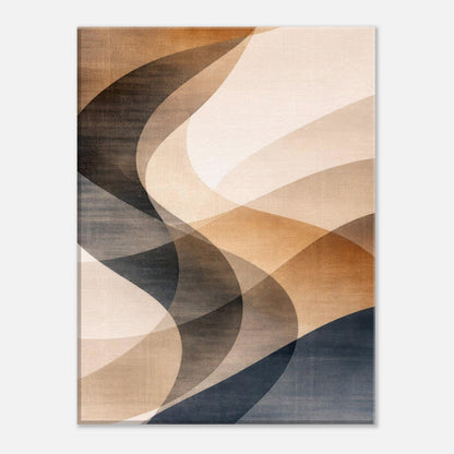 Layered translucent shapes in warm sand and charcoal across the composition
