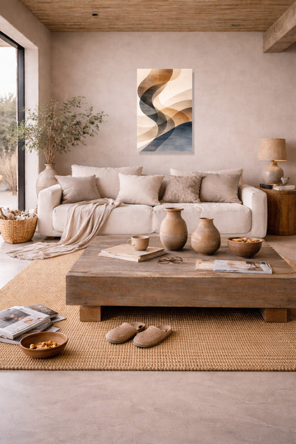 Neutral living room with linen sofa, wooden coffee table and abstract wall art poster