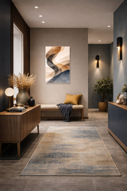 Modern hallway with wall sconces, low sofa and abstract wall art poster